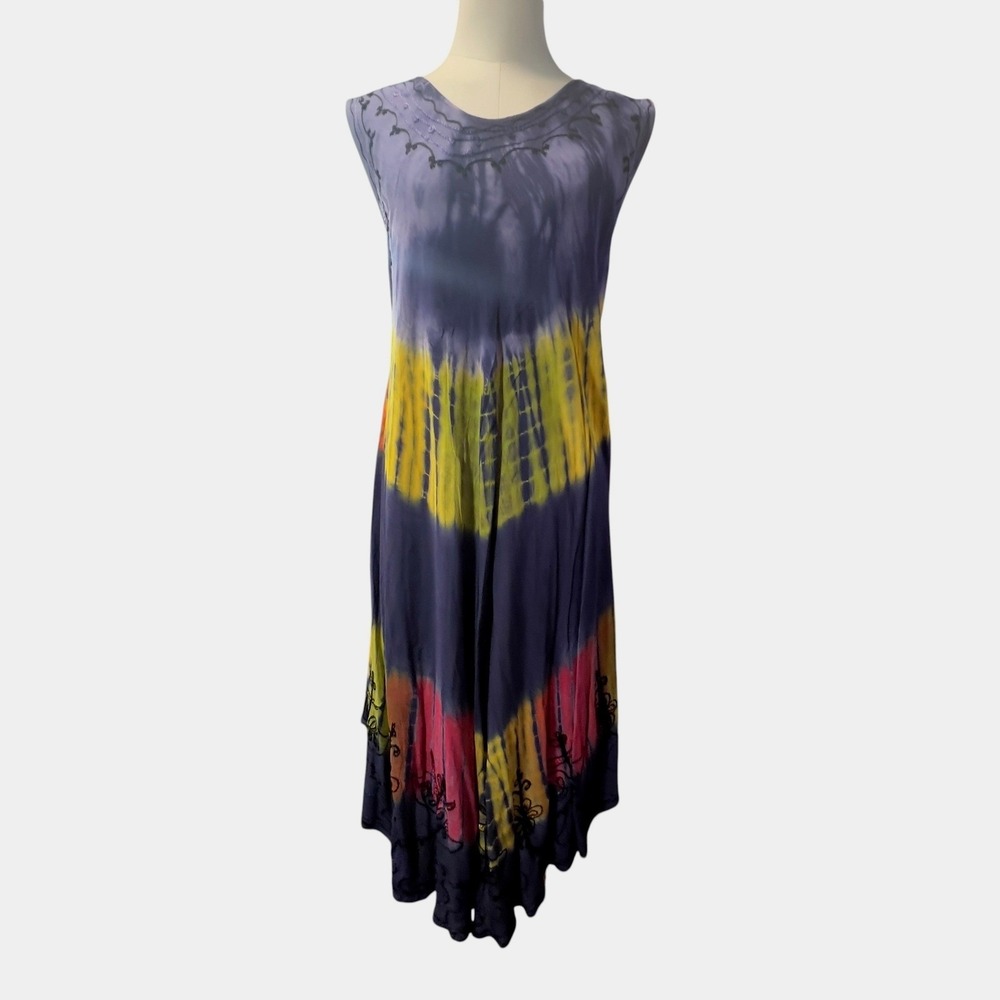 Somya Collection Tie Dye Sleeveless Handkerchief Hem Midi Dress OS Purple Multi